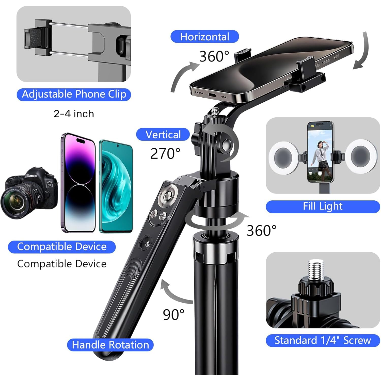 Trípode de seguimiento facial automático para iPhone, trípode de teléfono de viaje de 70 pulgadas de alto con control remoto y control de gestos, soporte para selfie para grabación de video