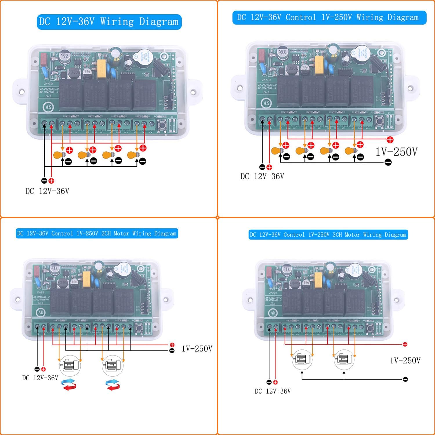 12V-36V 4CH Wireless Control Relay Switch 433MHz 4 Channel Remote Switch 2 Transmitters Receiver Universal Garage Doors,Window, Motor DC 12V 24V 36V Remote Relay Switch (DC 12V-36V/ 2* Controller)