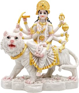 alikiki Durga MATA Idol Statue– 8.5” Marble Color Hindu Goddess Durga on Tiger Sculpture India Diwali Gifts Home Office Temple Mandir Altar Pooja Murti Item Deepavali Gifts for Indian