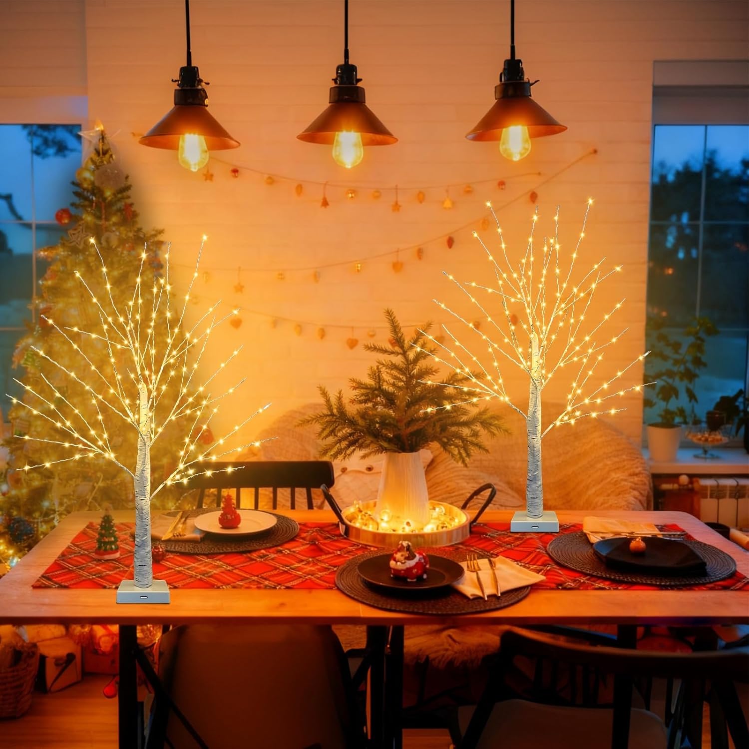 24 Inch Birch Tree with 144 LED Lights for Christmas Decorations Indoor, USB/Battery Powered, Timer, Warm White Twinkling Christmas Trees, Lighted Birch Tree for Tabletop Home Decor (2 Pack)