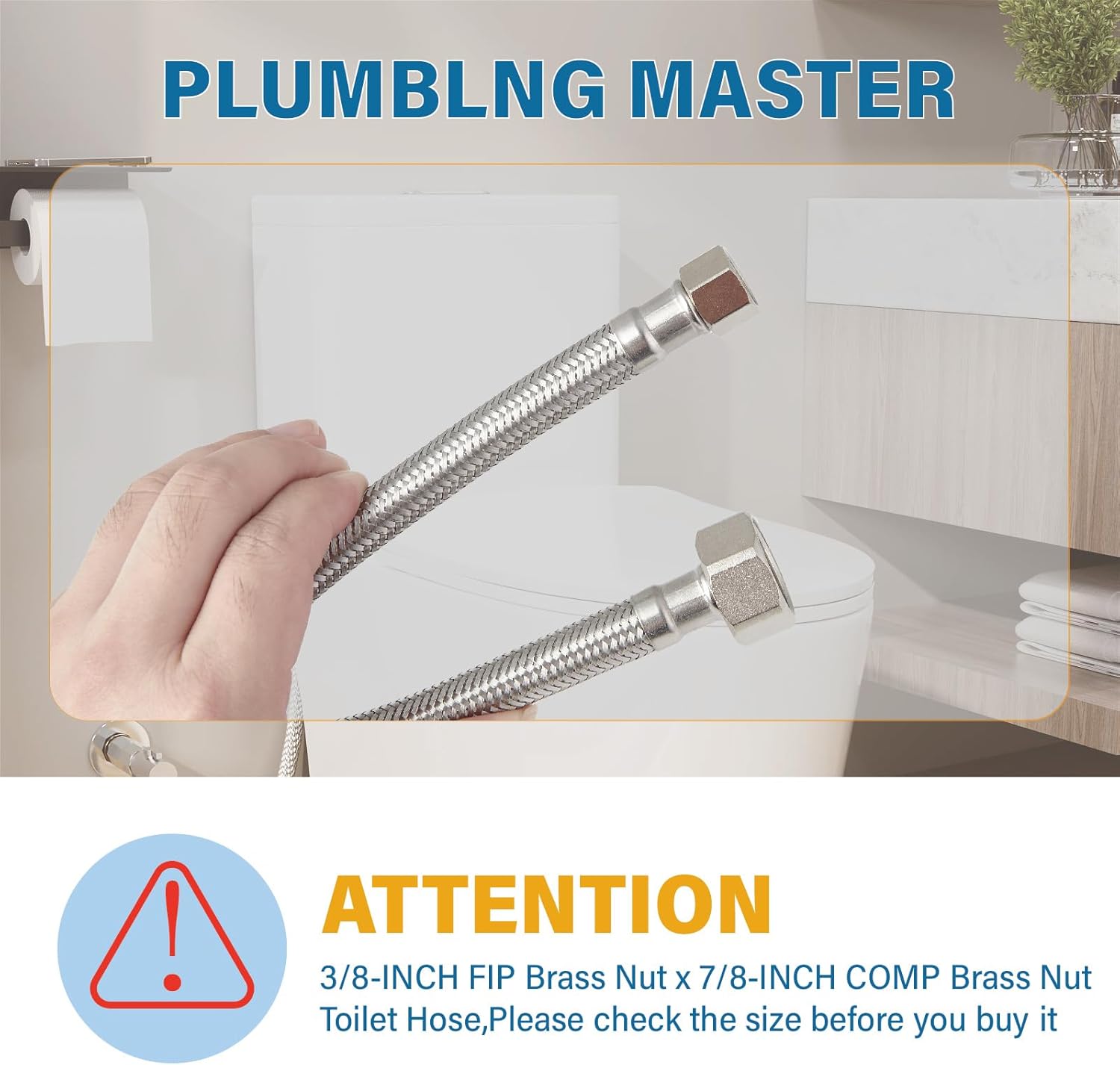 16-Inch Toilet Water Supply Line, 3/8" Compression x 7/8" Ballcock Brass Nut, SUS304 Stainless Steel Braided Hose, Durable Toilet Inlet Connector with Anti-Leaking EPDM Gasket, FL003-16