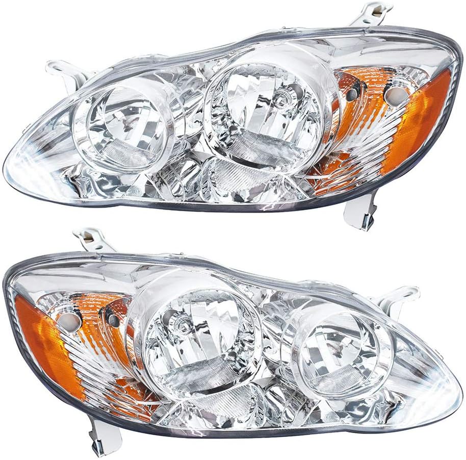 Headlights Front Head Lamps Direct Replacement Pair Left + Right Completed Set Replacement for 2003 2004 2005 2006 2007 2008 Toyota Corolla
