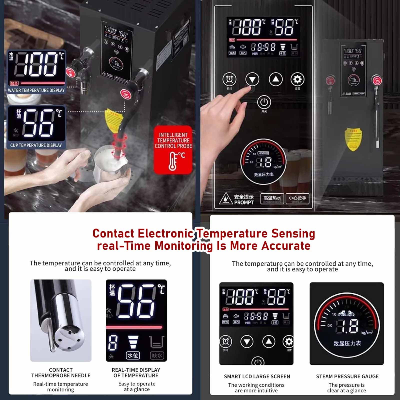 Espumador Leche Y Calentador Bebidas Comercial, Máquina Automática Agua Hirviendo A Vapor 12 litros con Panel De Visualización Led, Función De Temporizador, Acero Inoxidable