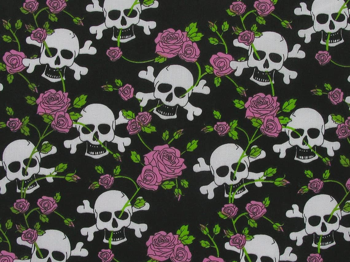 Skull & Roses Polycotton Fabric Material 45'' Wide Per Metre Fabric Sewing Craft