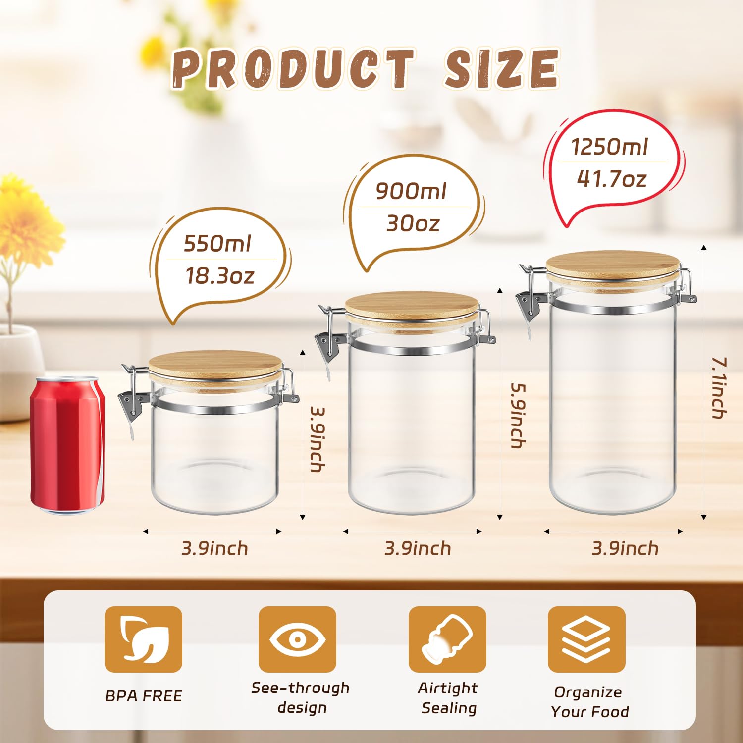 Set di 2 barattoli in vetro con coperchio in bambù, vuoti, con morsetto di bloccaggio, contenitori da cucina in vetro, per chicchi di caffè, zucchero, tè, spezie e altro (1250 ml/4 oz)