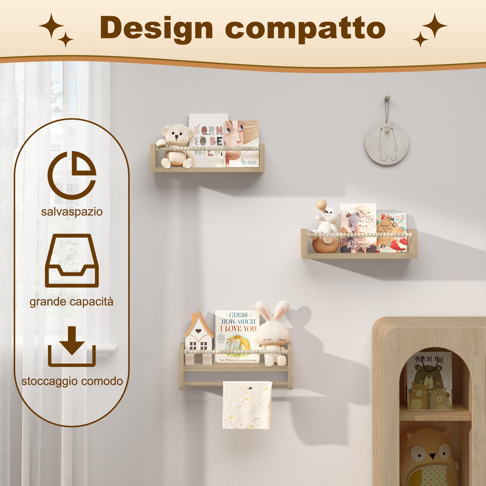 WOLTU Librerie per Bambini da Parete in Legno Massello, 40 cm Set di 3 Porta Libri per Cameretta, Scaffale Libri per Bambini, Librerie da Parete Piccole con Perline