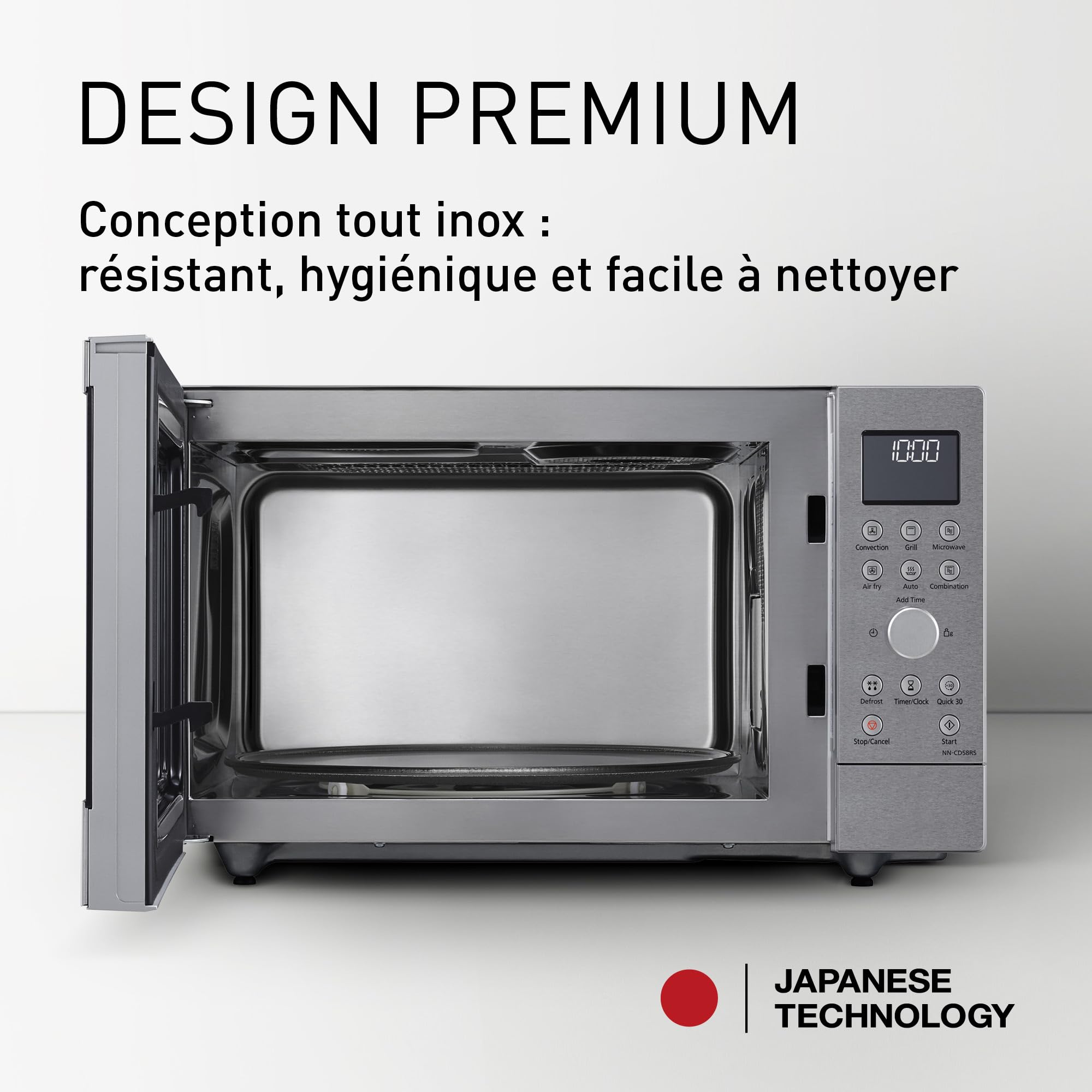 Panasonic NN-CD58RSEPG Four à Micro-Ondes combiné 4-en-1, 27 L avec mode Airfryer, Inverter 1000 W, Gril 1300 W, Chaleur Tournante, 19 Programmes Automatiques, Bouton rotatif, Acier Inoxydable