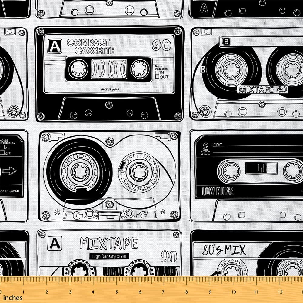 Retro Magnetic Tape Print Outdoor Fabric by The Yard,80s Vintage Tape Pattern Fabric by The Yard for Teens Craft Lover,Black White Geometric Line Upholstery Fabric for Quilting Sewing,1 Yard