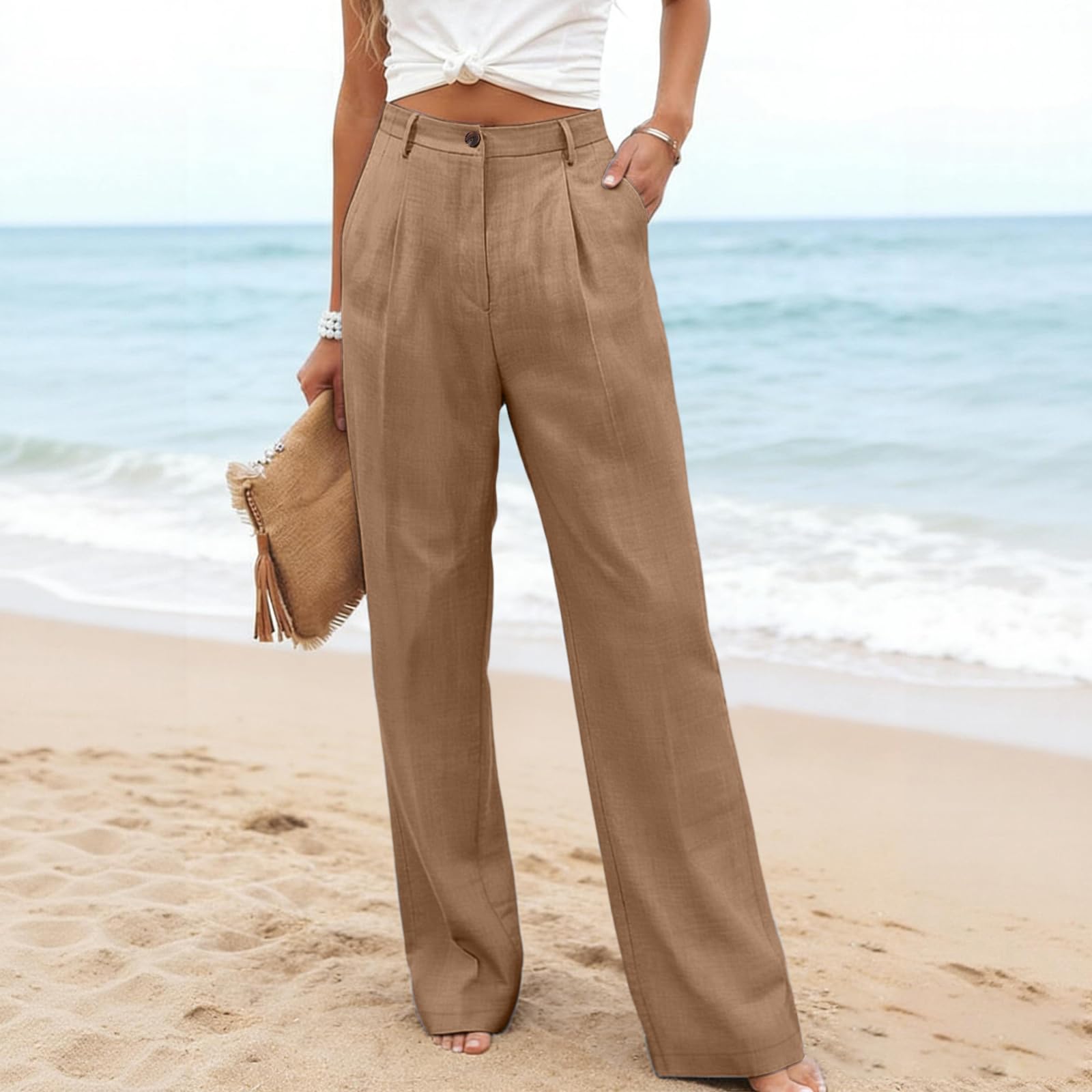 Pantalon Fluide Femme Été, Taille Grande Lin Chic Large Pantacourt Été, Fluide Travail Décontracté Leger Vetement Femme Chic