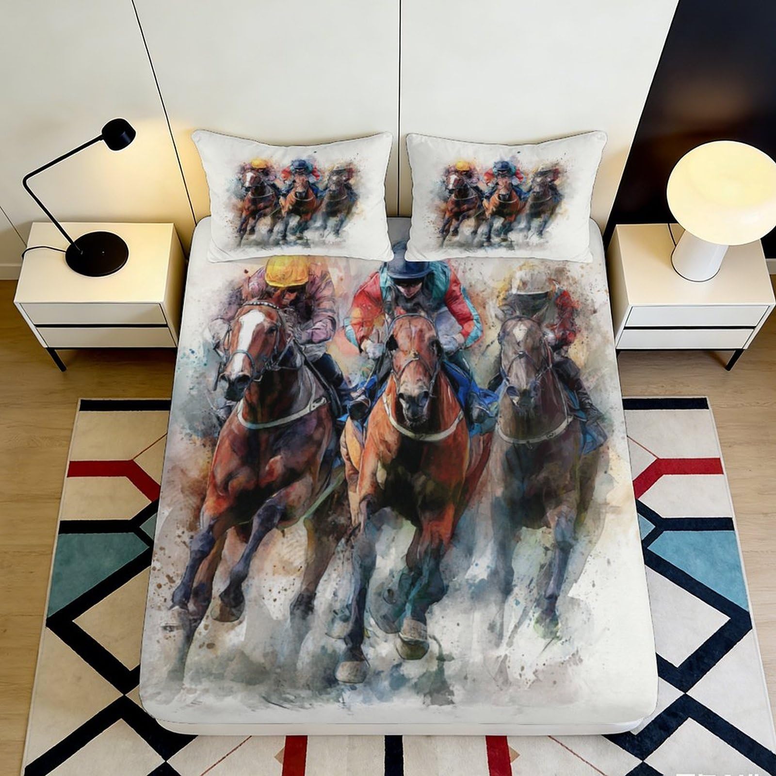 3D Printed Horse Race Art Fitted Sheet Microfiber Soft Anti-Slip Bed Cover for Bedroom Guest Room Dorm Mattress Decor 200x200x25cm