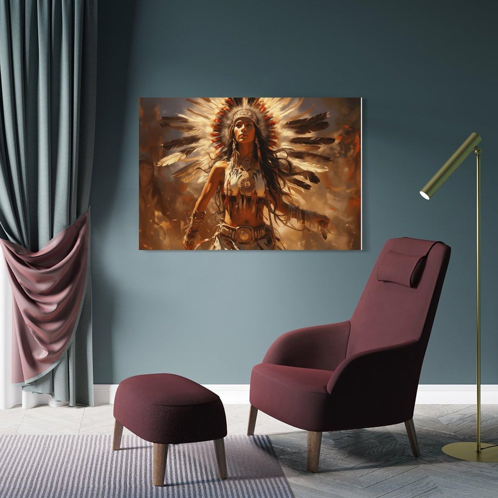Junmoney Frame-Style-19 Native American Warrior Woman Room Decor Wall Art 16X24inch(40X60cm), For Entrance Walls, Hall Decor Or Foyers, A Neat Decor Update For Hallways