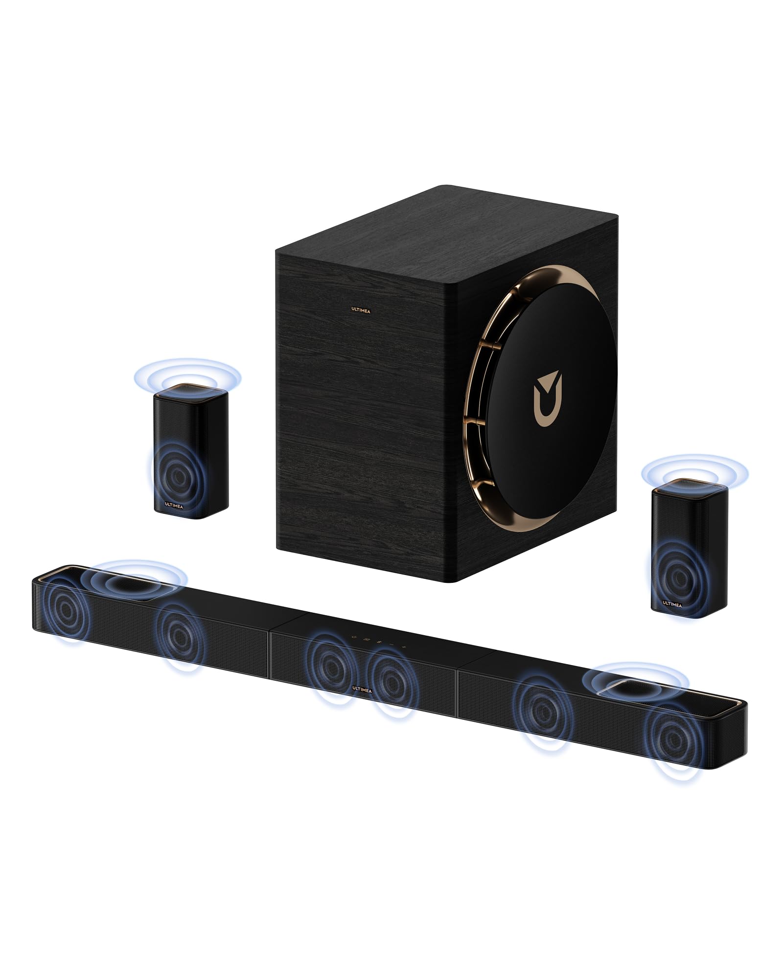 ULTIMEA 7.1.4ch Professional Surround Sound System w/Dolby Atmos, 980W Wireless Sound Bar for Smart TV with 10 Wireless Subwoofer, 20Hz Low Frequency, GaN Amplifier, 4K HDR Pass-Through, Skywave X70