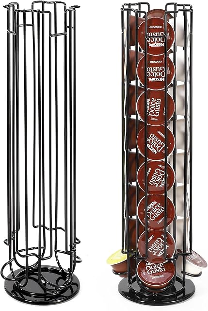 Vinsani 32 Coffee Pod Holder - 360° Rotating Tower Coffee Pods Storage Rack Stand Suitable for Dolce Gusto Coffee Capsules  Non-Slip Surface  Sleek Black Finish