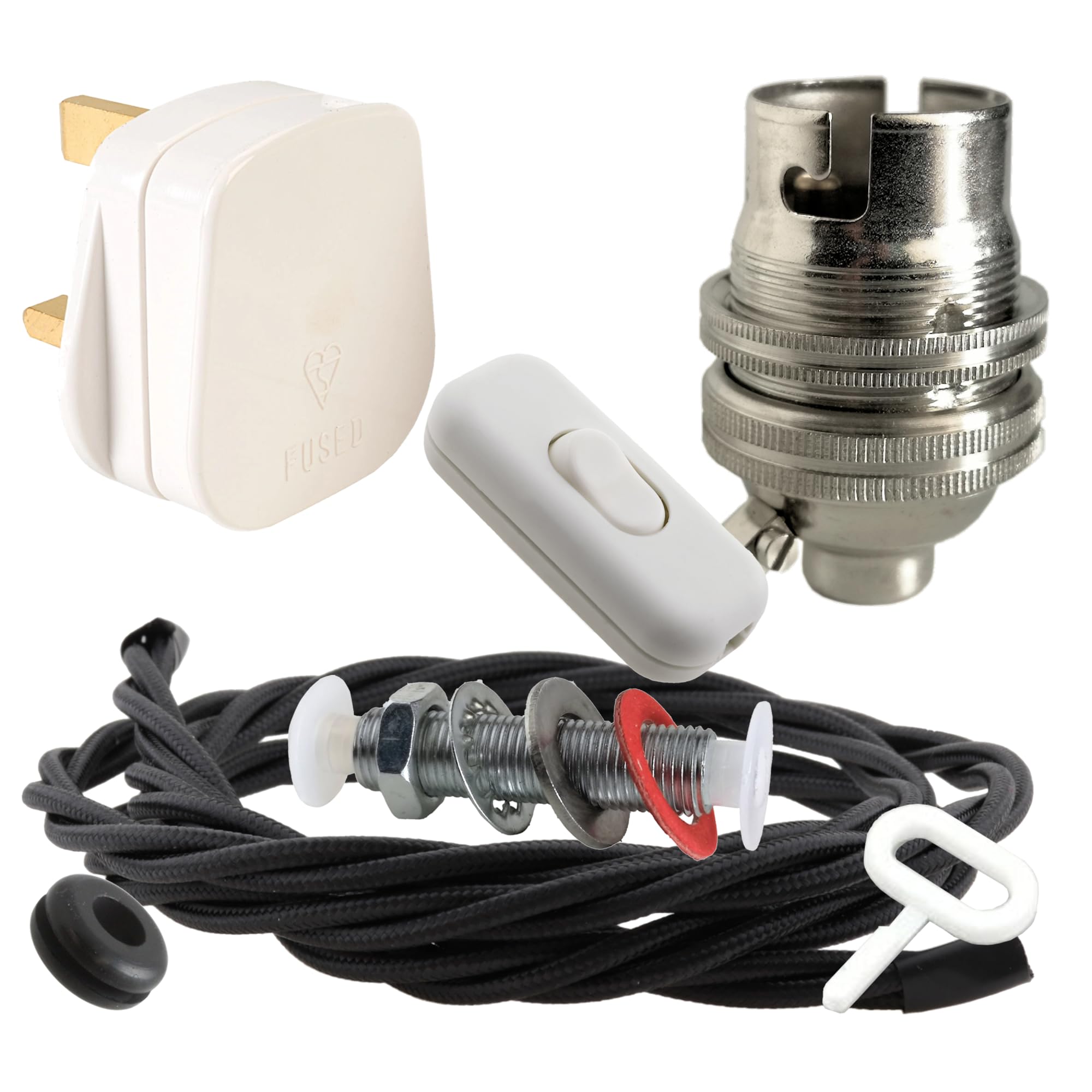 Art Deco Emporium Lamp Repair and Servicing Kit|White Plug|Black Flex|White Switch|B22 Chrome Finish Lamp Holder
