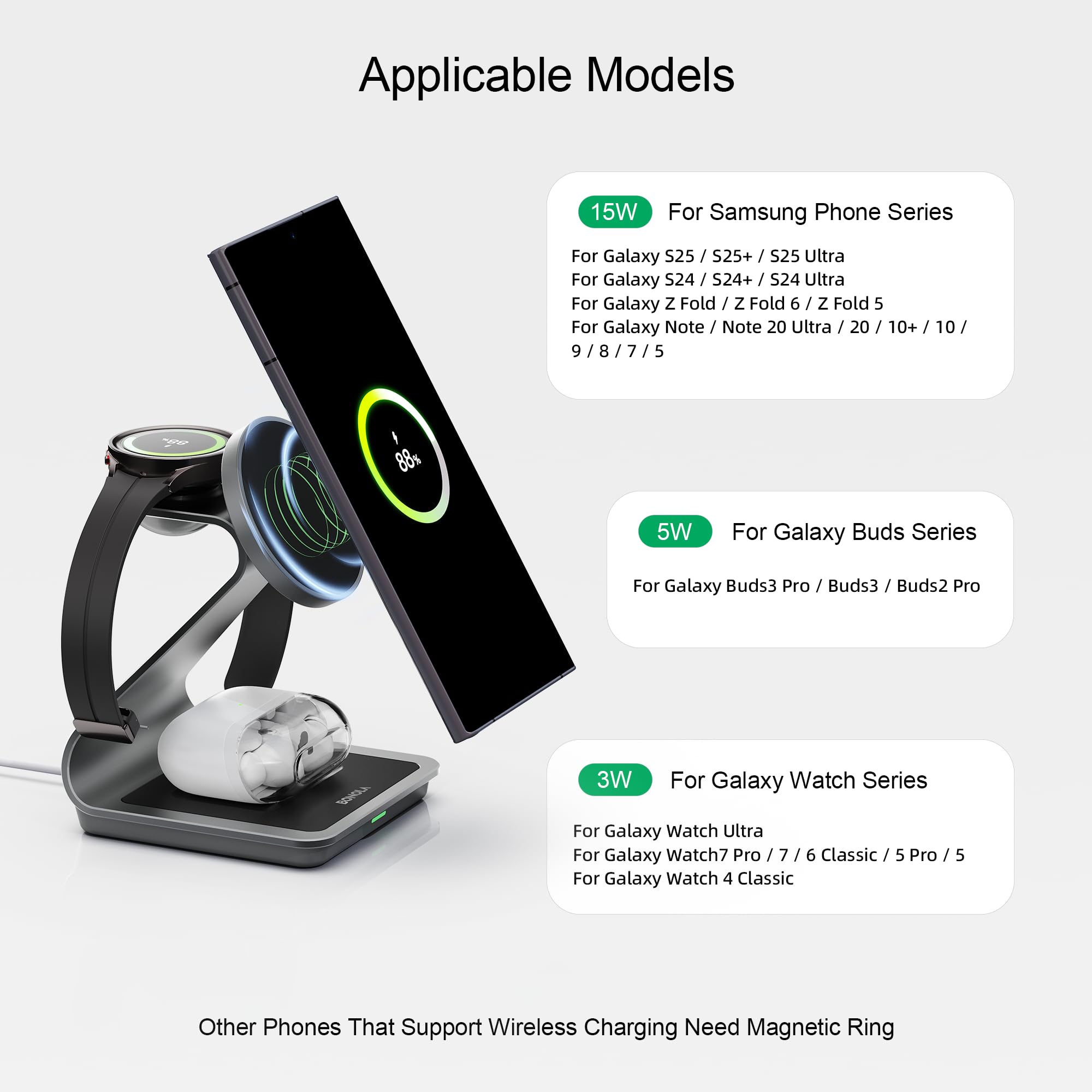 Cargador inalámbrico para Samsung: estación de carga inalámbrica magnética 3 en 1 para Samsung S25 S24 Ultra S23 S22 S21, soporte de carga de aleación de aluminio para Galaxy Watch Ultra/7/6/5