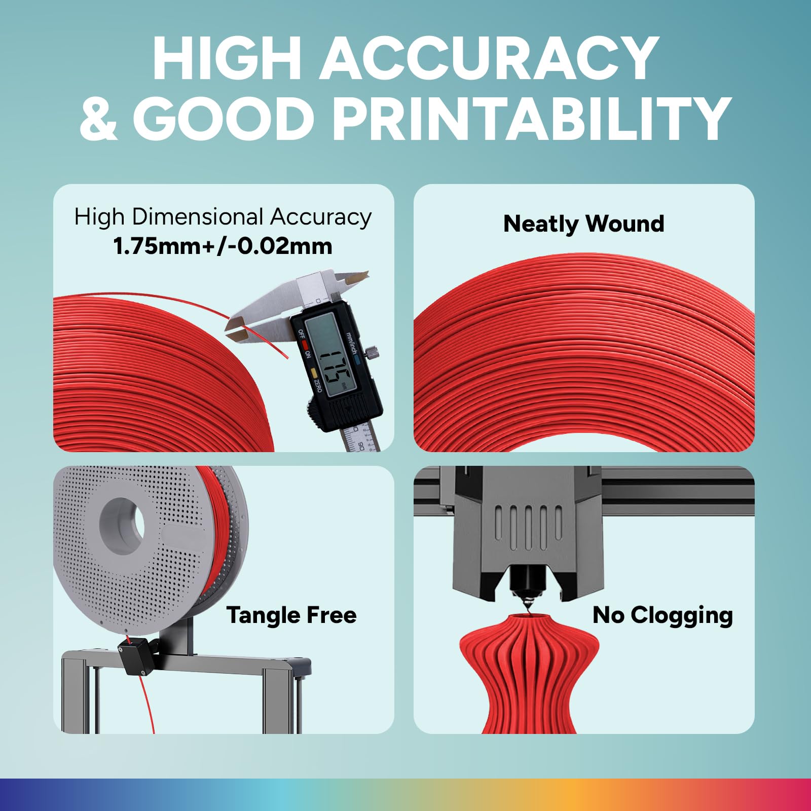 OVERTURE Lote de 4 kg de Filamento PLA de Recarga 1,75 mm para Impresora 3D, Paquete de 4 recargas de 1 kg PLA para Carrete Reutilizable de Bambu Lab, Precisión de ±0,02 mm(Verde+Rojo+Azul+Naranja)