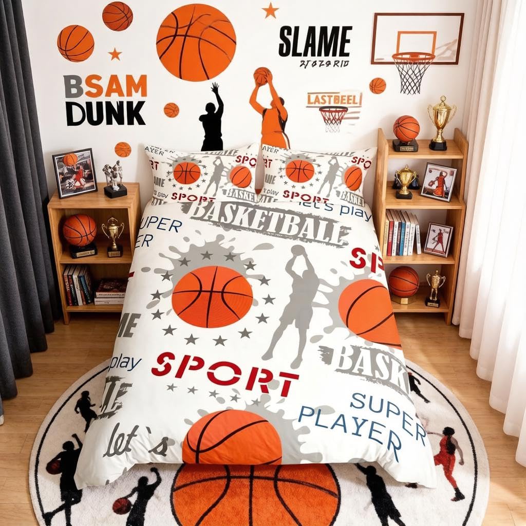 Loussiesd Boys Basketball Bedding Set Sports Theme Comforter Cover Basketball Player Printed Duvet Cover for Children Kids Teens Athlete Competitive Bedspread Cover Room Decor Bedclothes Double