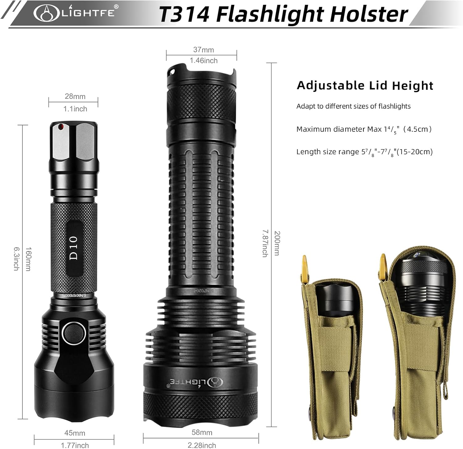 LIGHTFE Flashlight Holster Flashlight Holder Molle Torch Nylon Holster Pouch Suitable for Flashlights with a Maximum Diameter of 4.5CM(1.77 inches and a Length of 15CM-20CM(6-8 inches Gold - Image 4