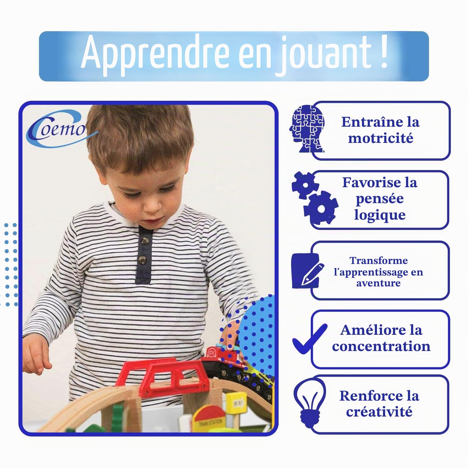 Coemo Table de jeu avec chemin de fer en bois - 91 pièces - Table multifonction pour les enfants - Pour jouer, bricoler, construire et améliorer la motricité - Superbe cadeau