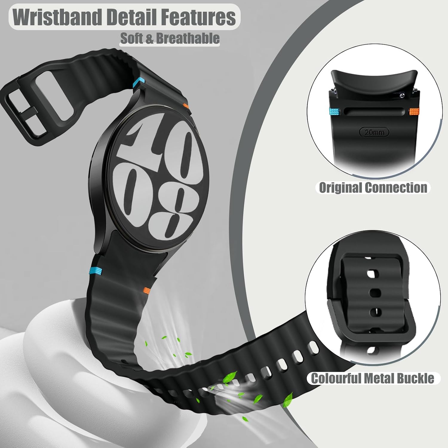 2 Pack Sport Bands Compatible with Samsung Galaxy Watch 7 6 5 4 FE 40mm 44mm No Gap Soft Silicone Straps for Women Men 20mm Wristbands for Galaxy Watch Series Black Cream image 2