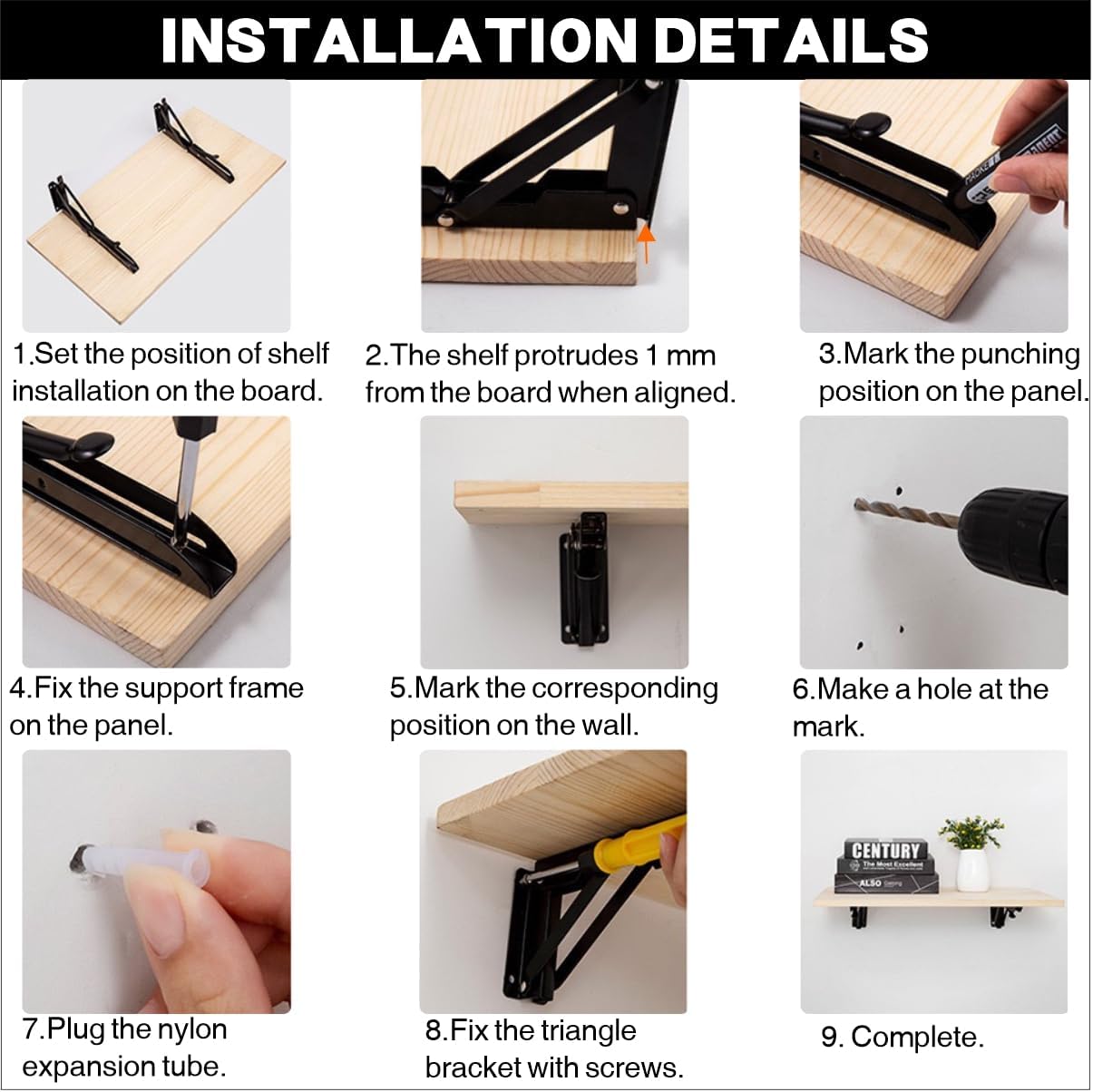 22 Inch Heavy Duty Folding Shelf Bracket - Black ，Metal Collapsible Wall Mount for Garages, Space-Saving Supports for Garage/RV/Kitchen/Backyard，Maximum Bearing Capacity is 360 lbs, 2 PCs/Set