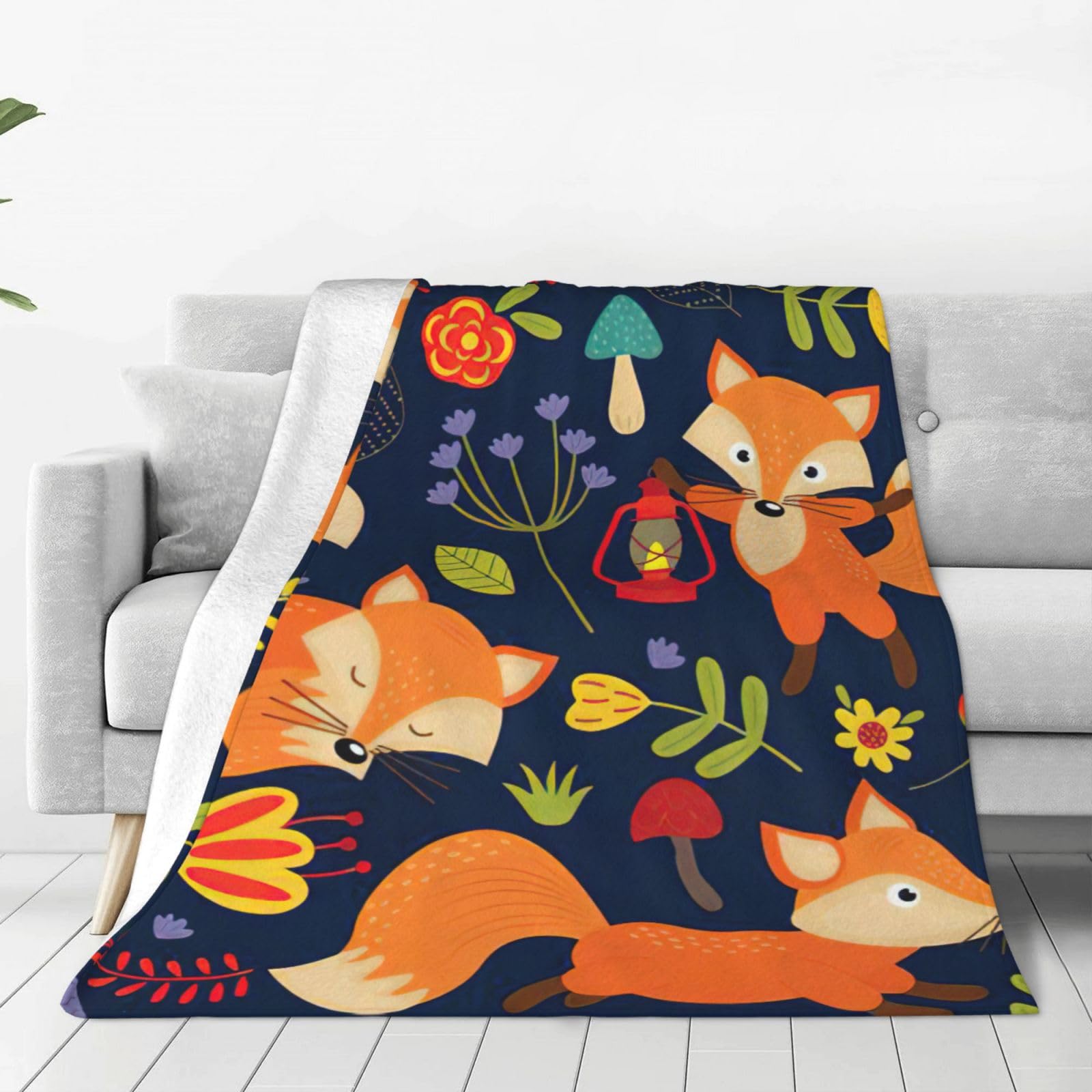 Couverture polaire renard et fleur légère pour lit et canapé