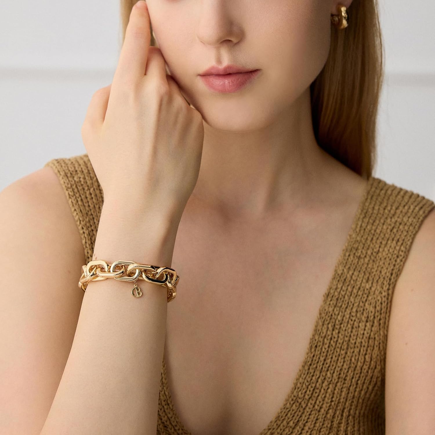 COBI Chunky Bracelets for Women, Paperclip Bracelets, Coffee Bean Chunky Link Bracelet, 18K Gold & Sterling Silver Plated, Stackable Thick Large Punk Jewelry 8/9 Inch