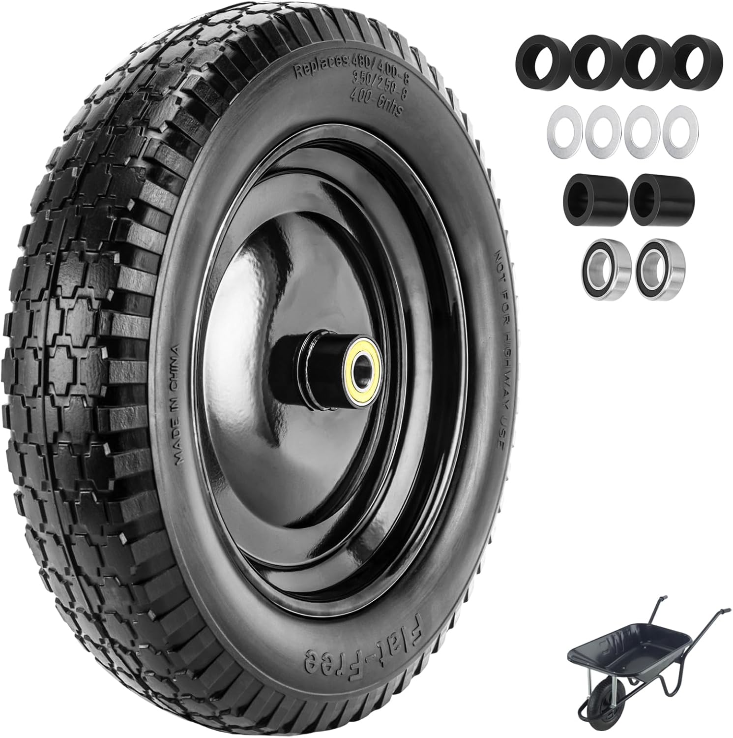 4.80/4.00-8" Tire Flat Free 14.5" x 3.2" (1Pcs) Universal Solid Wheelbarrow Tire with 5/8” Bearings 3” -7” Hub Centered, for 4.80/4.00-8, 3.50/2.50-8, 4.00-6 Wheelbarrow Wheels