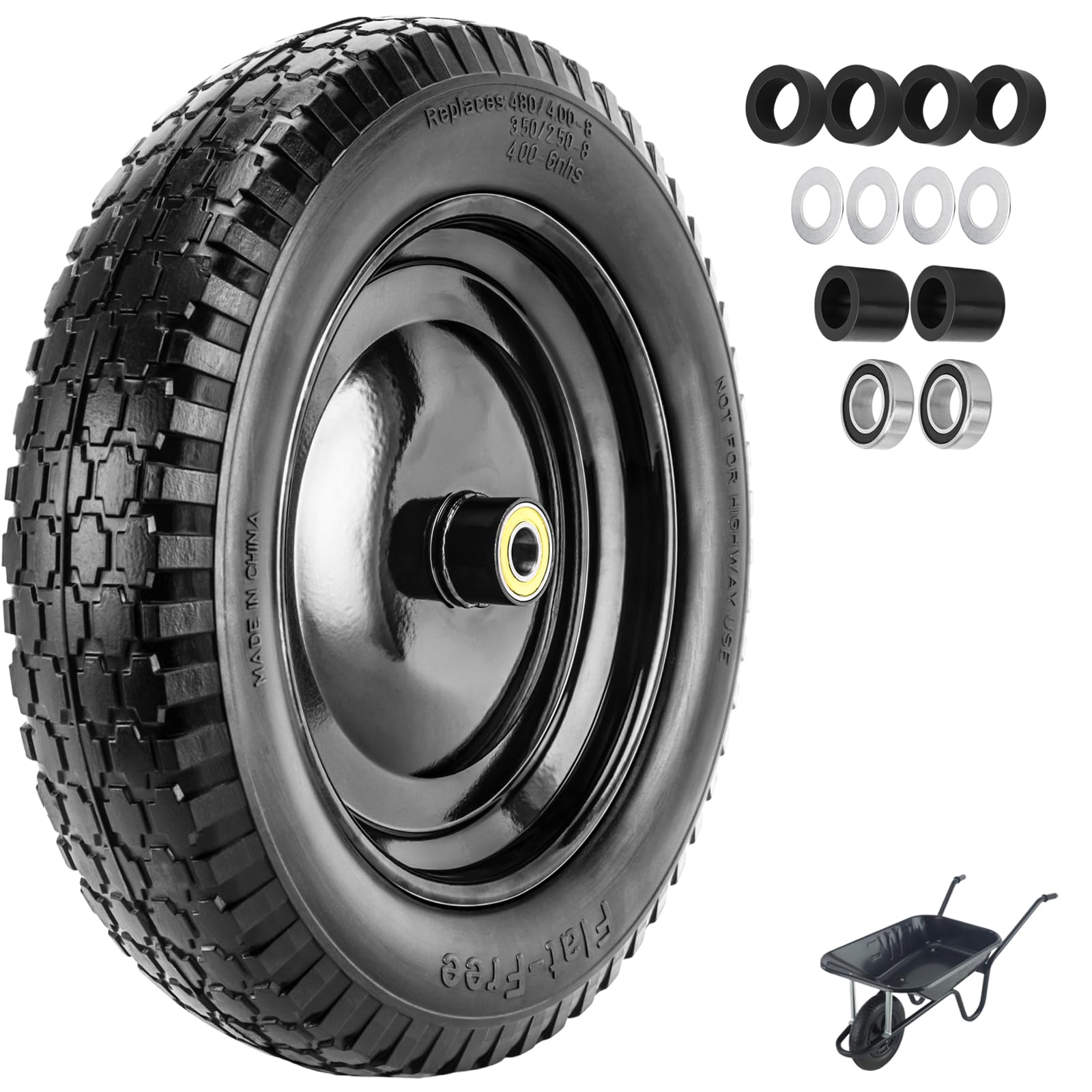 ASDFGHT 4.80/4.00-8 Flat Free Wheelbarrow Tire 14.5" x 3.2", Universal Solid Wheelbarrow Tire with 5/8” Bearings 3” Hub Centered, for 4.80/4.00-8, 3.50/2.50-8, 4.00-6 Wheelbarrow Wheels