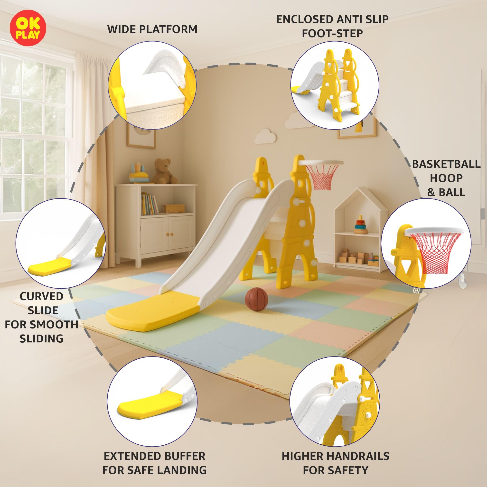 OK PLAY Castle Slide for 2 to 8Years | With Ball and Ring | Indoor Outdoor Games | Perfect Slide for Home, School & Playground | Easy Assembly | Safe & Fun Activity Toy | 170 x 72 x 94cm | Yellow&Grey - Image 3 thumbnail