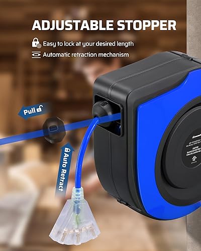 Miniatura 3 de DEWENWILS Carrete de cable retráctil, cable de extensión resistente de 60 pies, 12 AWG3C SJTOW, 3 salidas a tierra iluminadas triple grifo,