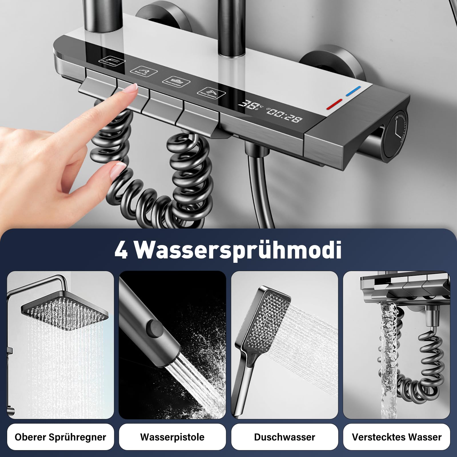 Duschkopf Set, Duschsystem mit LED, Duschbrause Regendusche 27 X 20cm, Duschkopf Handdusche, Zusatzdüse und Armatur, einstellbare Duschsäule mit Stimmungslicht, Höhe verstellbar 69-103cm