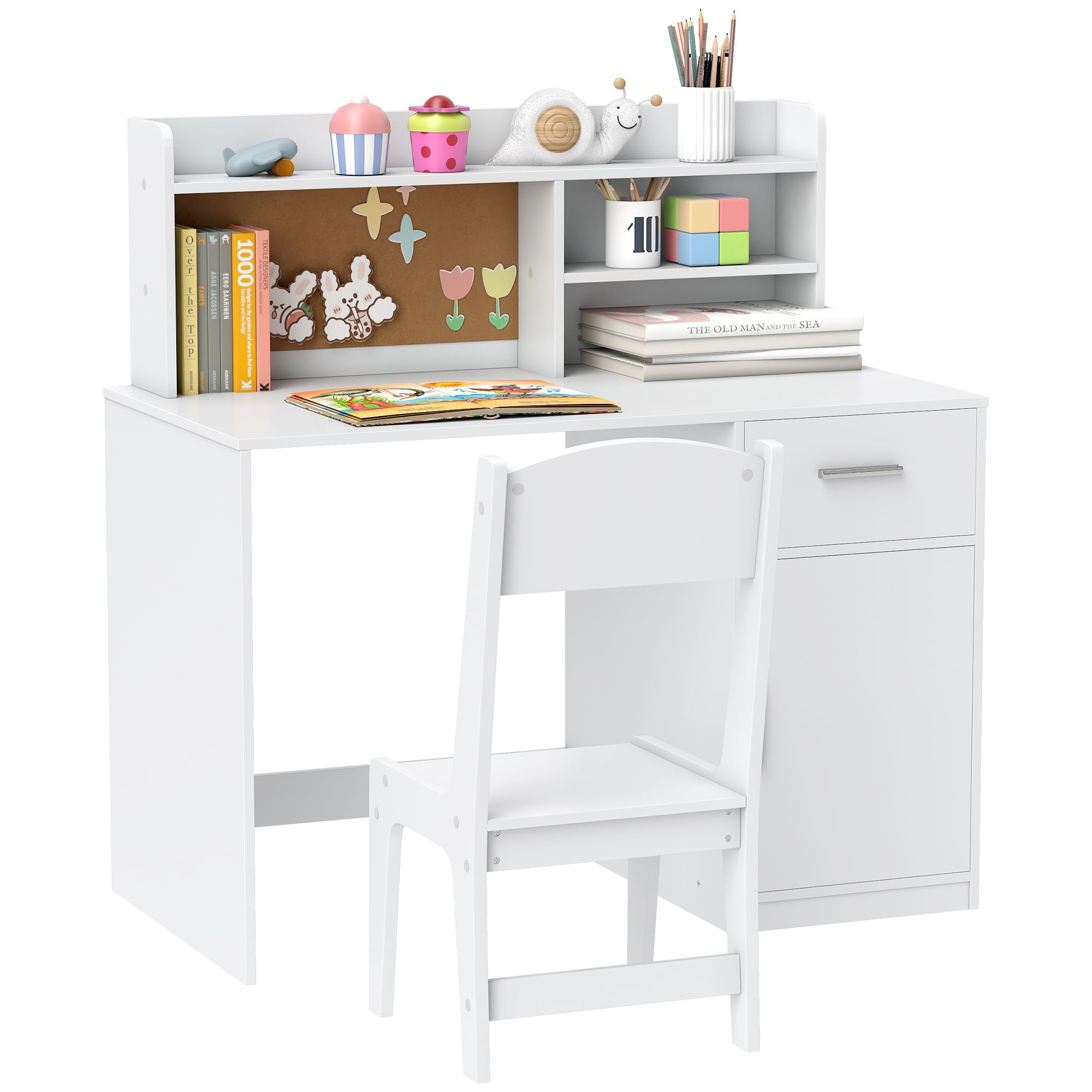 AIYAPLAY Bureau Enfant avec Chaise, Table Enfant et Chaise, 3-12 Ans, 90,2x48,1x90,8cm, Blanc