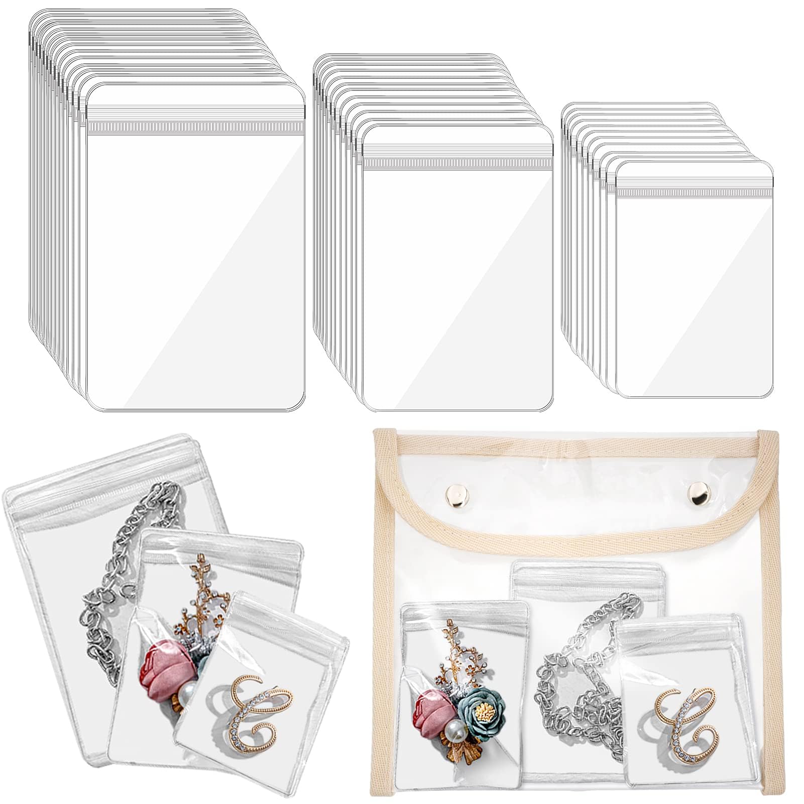 OBABO [Upgrade] 110 Pcs Travel Jewelry Organizer Bags PVC Jewelry Storage Bag Pouch Self Seal Plastic Zipper Bag,Small Clear Plastic Bags for Jewelry Necklace Rings (110+1 Pcs)