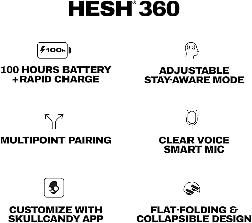 Miniatura 10 de Skullcandy Hesh 360 Wireless Over-Ear Bluetooth Headphones, Up to 100 Hours Battery, Noise Isolating Fit, Flat-Folding Collapsible Design,