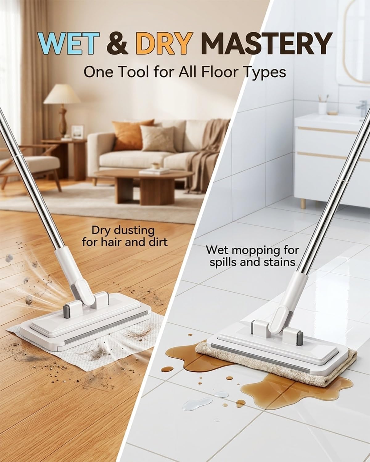 Hands Free Multifunctional Lazy Flat Mop with One Click Cloth Attachment Automatic Gripping Hands Free Multi Purpose Flat Mop Multi Purpose Floor Cleaning Wet and Dry Snap Grip with Cloths(2pcs)