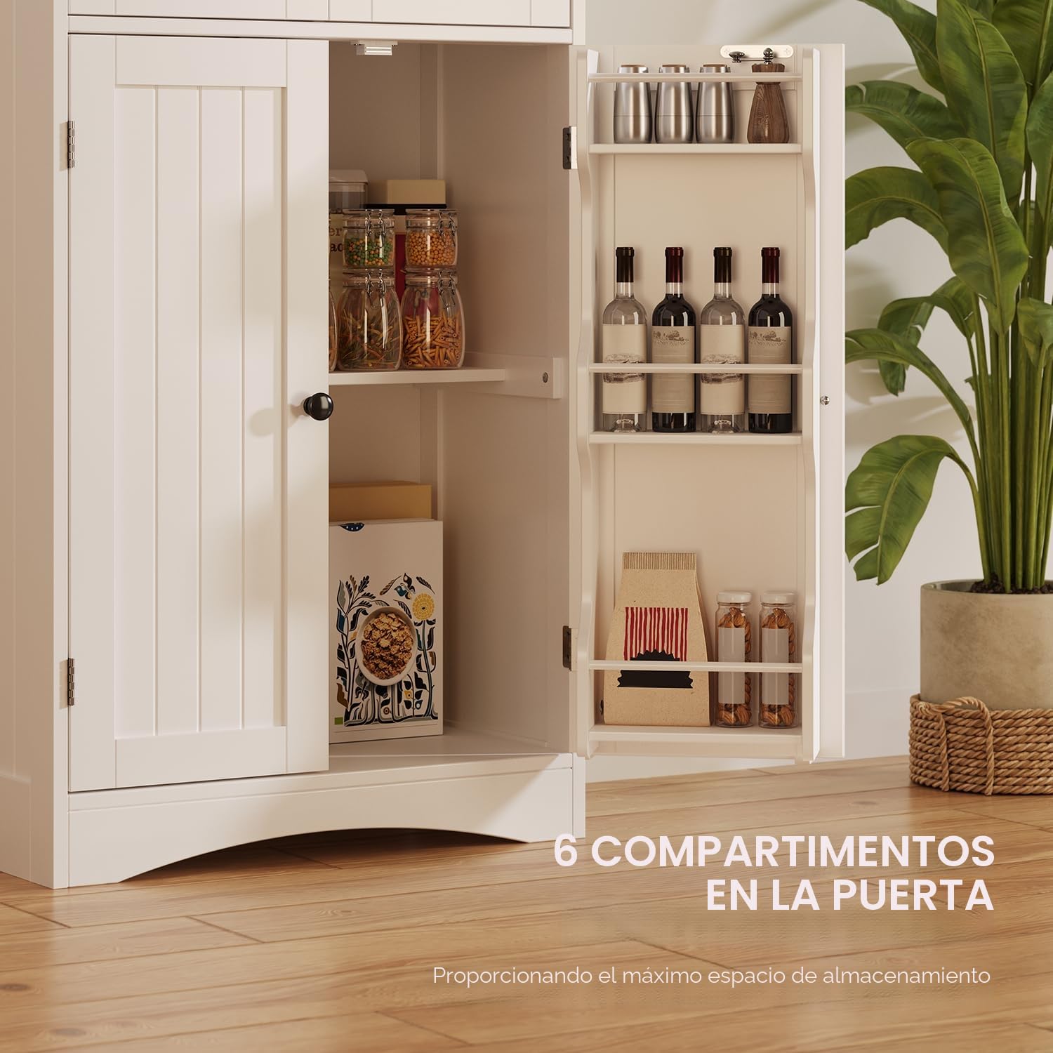 Xbro Armario Alto de Cocina, 170 x 30 x 60cm, Mueble Cocina Alto 4 Puertas y 2 Cajones, Armario de Vitrina con Estantes Laterales, Salón y Comedor (Blanco)