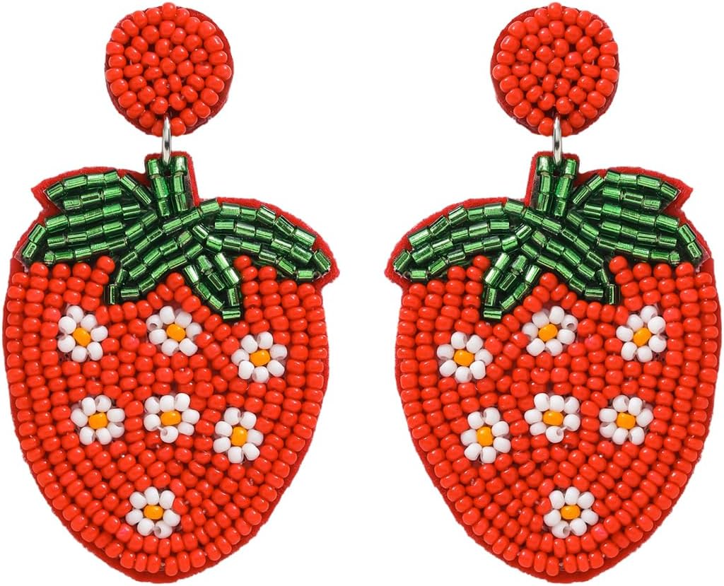Beaded Fruit Earrings for Women, Handmade Beads Strawberry Lemon Fruits Dangle Earrings for Summer Jewelry Gifts