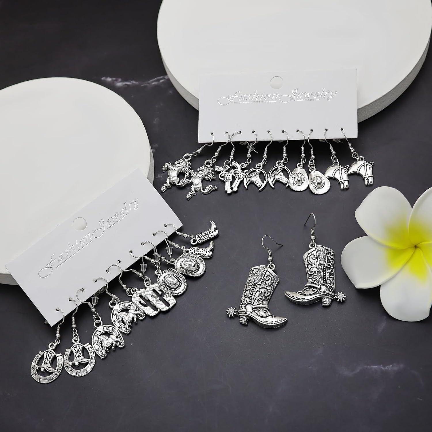 11 Pairs Cowgirl Earrings Rhinestone Vintage Rodeo Cowboy Boot Earrings Texas Cowgirl Boot Hat Dangle Drop Earrings Western Earrings for Women Trendy - Image 7