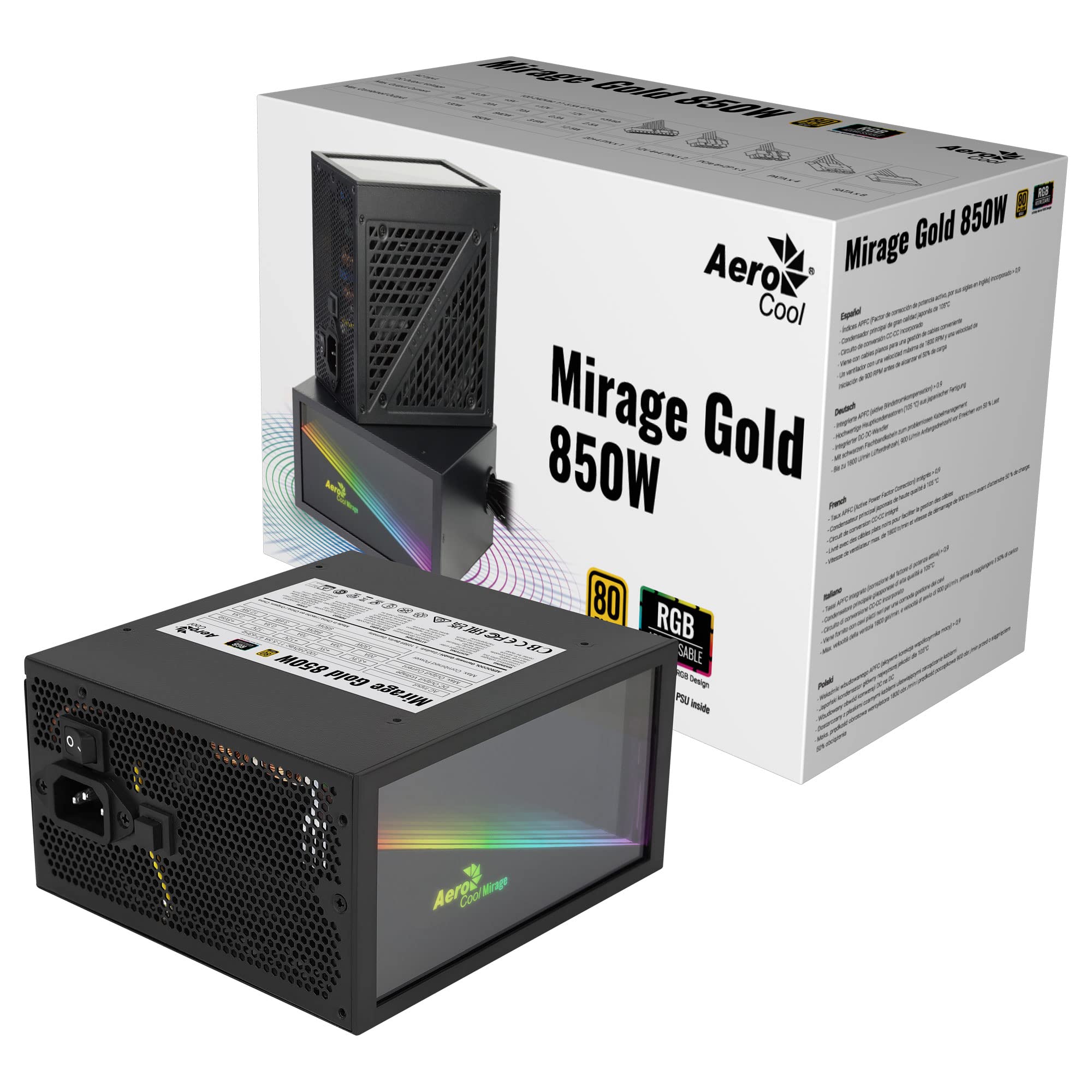 Aerocool MIRAGEGOLD850, zasilacz PC 850 W, RGB Infinity Mirror, złoto 80 Plus, japońskie kondensatory