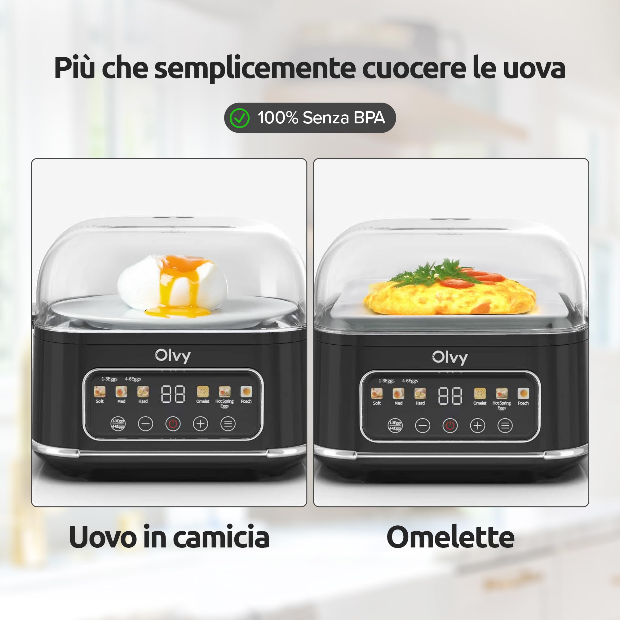 Olvy Cuociuova Elettrico 6-in-1 con Timer LCD – Bollitore per Uova Sode e Vaporiera per 6 uova – Spegnimento Automatico, Parti Lavabili in Lavastoviglie – Cuoci Uova Professionale