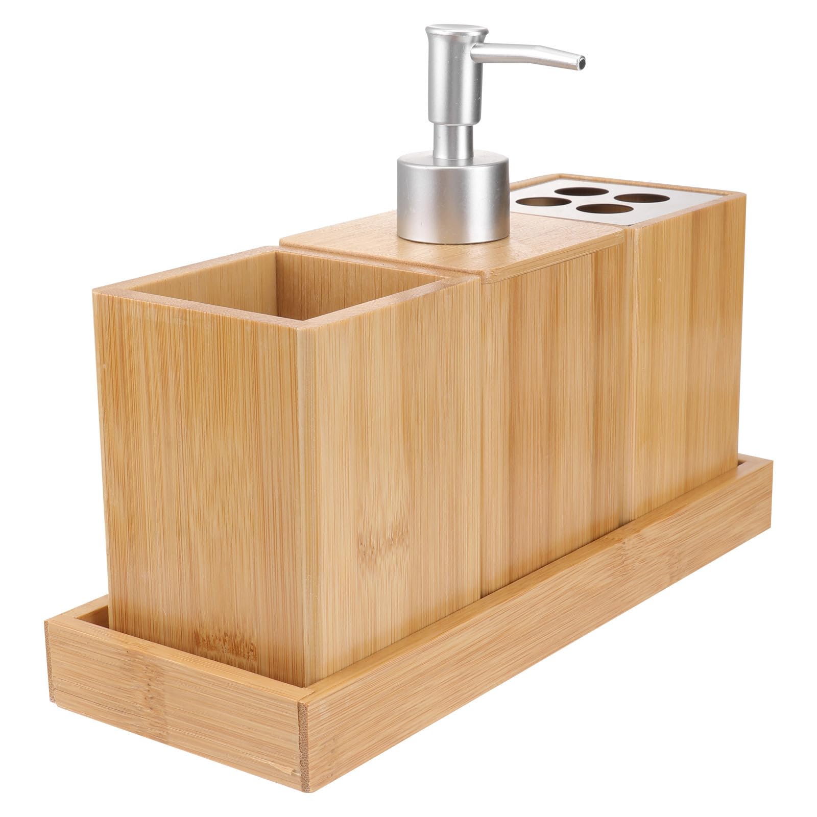 Set Bagno Accessori Bamboo 4 Pezzi in Ceramica e Legno di Bambù Design Elegante, Facile da Pulire e Protezione per Superfici di Lavaggio
