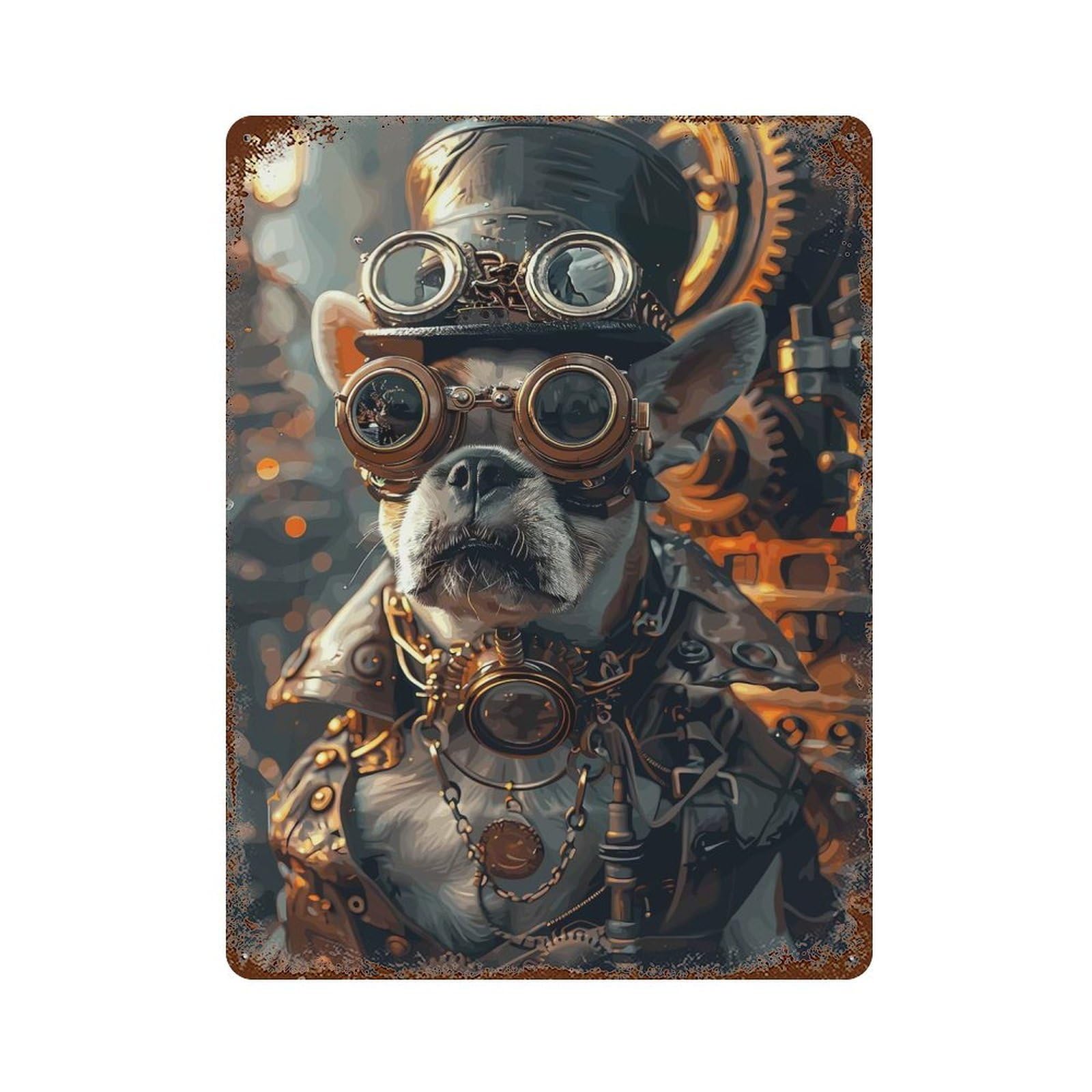 Distressed Metal Wall Sign with Steampunk French Bulldog Design 15.7"x11.8", for Living Room, Hallway And Home Decor, Vintage Wall Decor