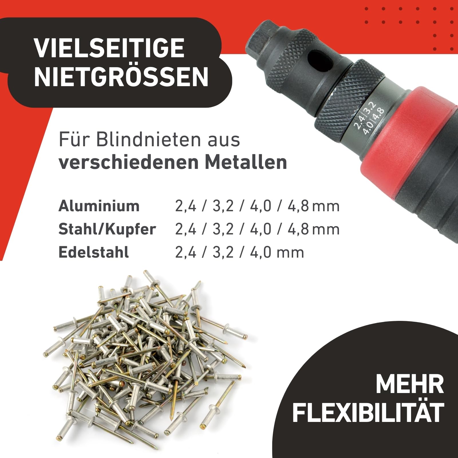 Nietenaufsatz - Für Bohrmaschine & Akkuschrauber mit 6mm Sechskantaufnahme - Blindnietzange für 2,4-4,8mm Nieten - Universeller Nietaufsatz für Aluminium, Stahl & Edelstahl Blindnieten
