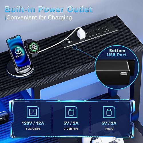 Miniatura 4 de REAHOME - Escritorio de juegos de 61 pulgadas con estación de carga y luces LED, escritorio reversible para computadora con cajón de almacenamiento