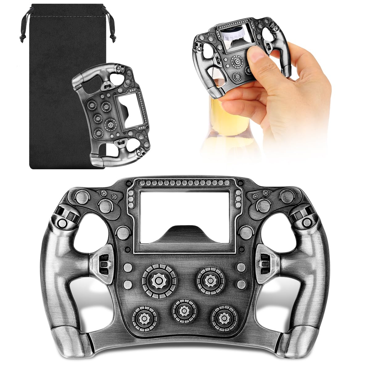 LULLEA Racing Steering Wheel Bottle Opener – Racing Car Gifts for Men, Dad – Silver Bar Accessory with Gift Bag – Perfect Gifts for Birthday, Fathers Day, Christmas, Pub Nights, Garden Parties