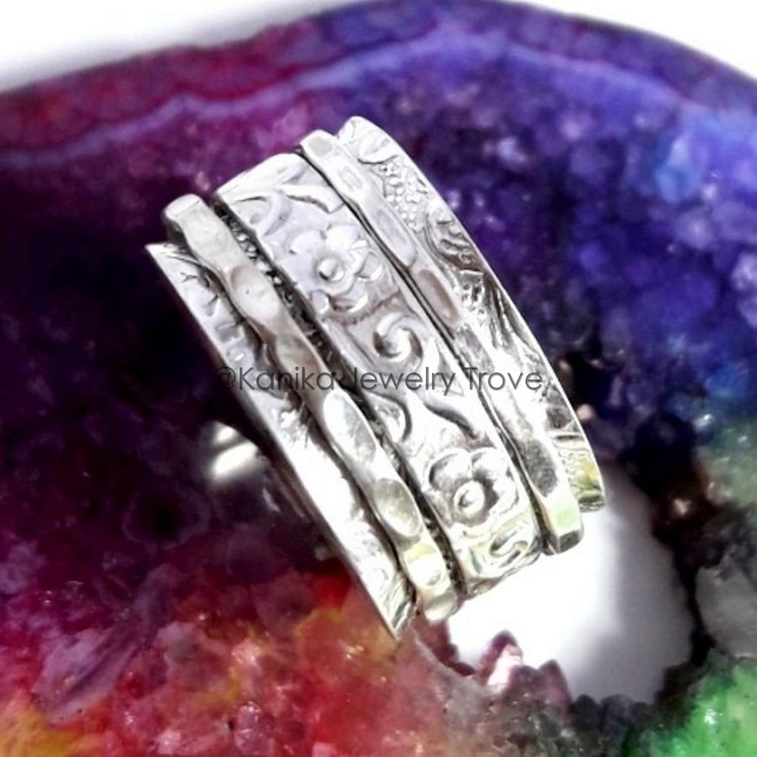 Fancy Textur Spinner Ring Spinner Band Ringe, Angst Ring für Meditaion, Geschenkring zum Muttertag, 925 Sterling Silber Band, Messing und Kupfer Spinner Ring für Frauen, (Größe 7)