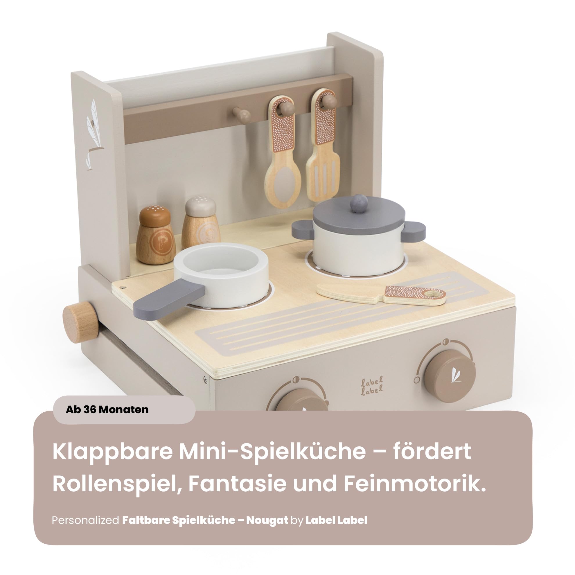 Personalisierbare Holz-Kinderküche klappbar Nougat – platzsparend & mit Zubehör – für Kinder ab 3 Jahren – mit Namen personalisiert – Label Label