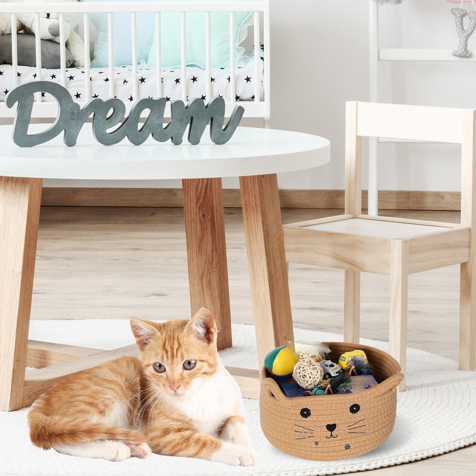 Zopeal - Panier de rangement tissé décoratif en forme de chat avec oreilles - Panier mignon en corde de coton pour animaux de compagnie, cadeau, jouets, chambre d'enfant - 21 x 12 cm - Kaki