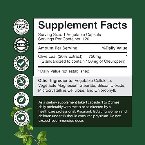 Miniatura 2 de Potent Olive Leaf Extract Cápsulas  Suplemento antioxidante de alta resistencia con hoja de olivo pura con 20% de oleuropeina  Suplemento herbario
